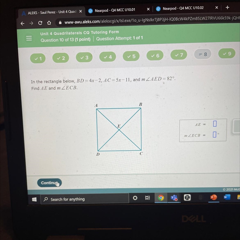 In the rectangle below, B D = 4x – 2, AC = 5x-11, and m ZAED = 82º.Find AE and m ZECB-example-1