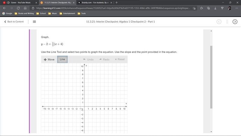 Graph. y−2=2/3(x+4) Use the Line Tool and select two points to graph the equation-example-1