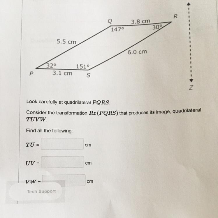 P TU = UV = 32° - 5.5 cm 3.1 cm VW- Tech Support 151° S cm cm Q Look carefully at-example-1