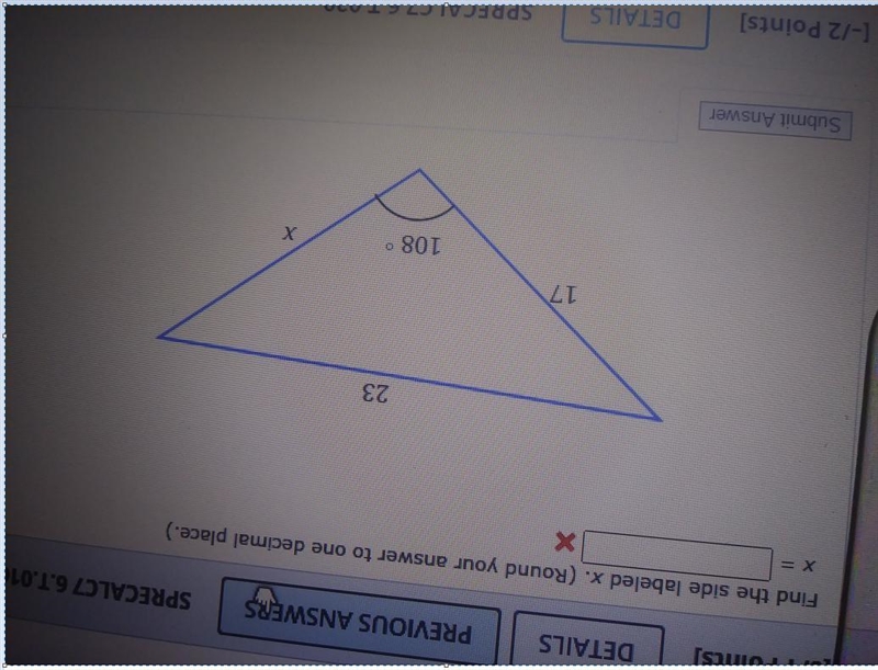 Find the side labeled x. (Round your answer to one decimal place.) 23 17 1080-example-1