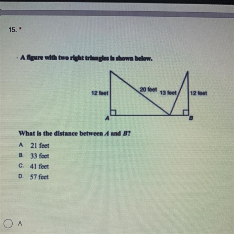 A figure with two right triangles is shown below. What is the distance between A and-example-1