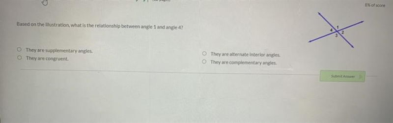 Based on the illustration, what is the relationship between angle 1 and angle 4? 1. They-example-1