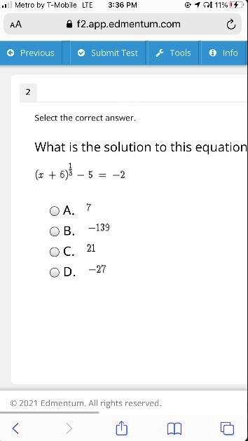 Select the correct answer.What is the solution to this equation? x+6)1/3-5=-2-example-1