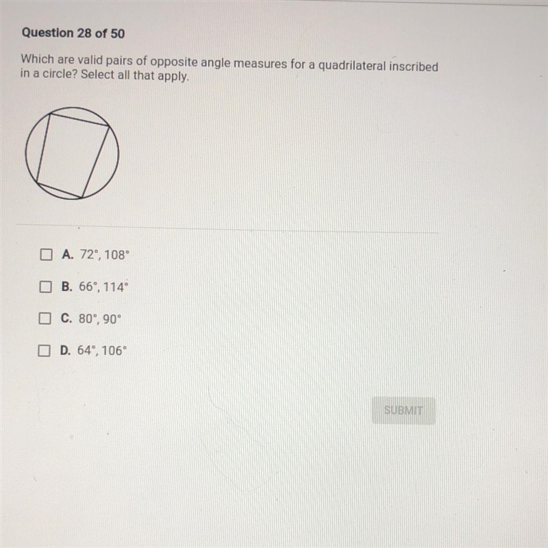 Which are valid pairs of opposite angle measures for a quadrilateral inscribed in-example-1