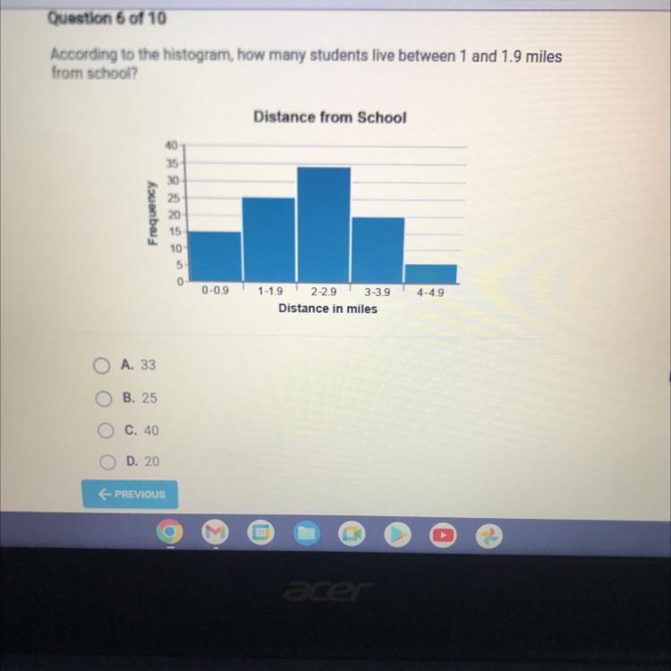 Question 6 of 10According to the histogram, how many students live between 1 and 1.9 milesfrom-example-1