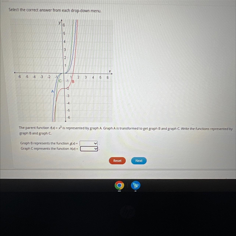 The parent function (x) = x3 is represented by graph A. Graph A is transformed to-example-1