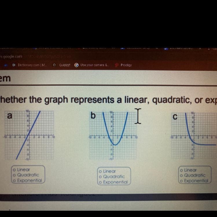 Determine whether the graph represents a linear, quadratic, or exponential function-example-1