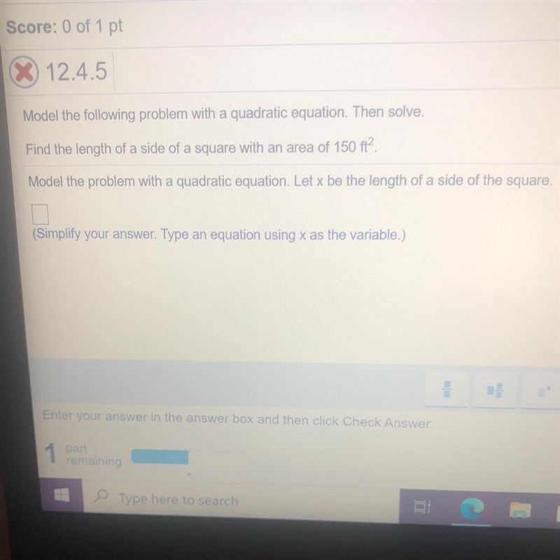 Model the following problem with a quadratic equation. Then solve.Find the length-example-1