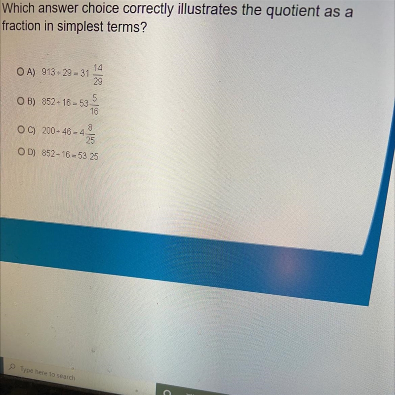 Which answer choice correctly illustrates the quotient as a fraction in simplest terms-example-1