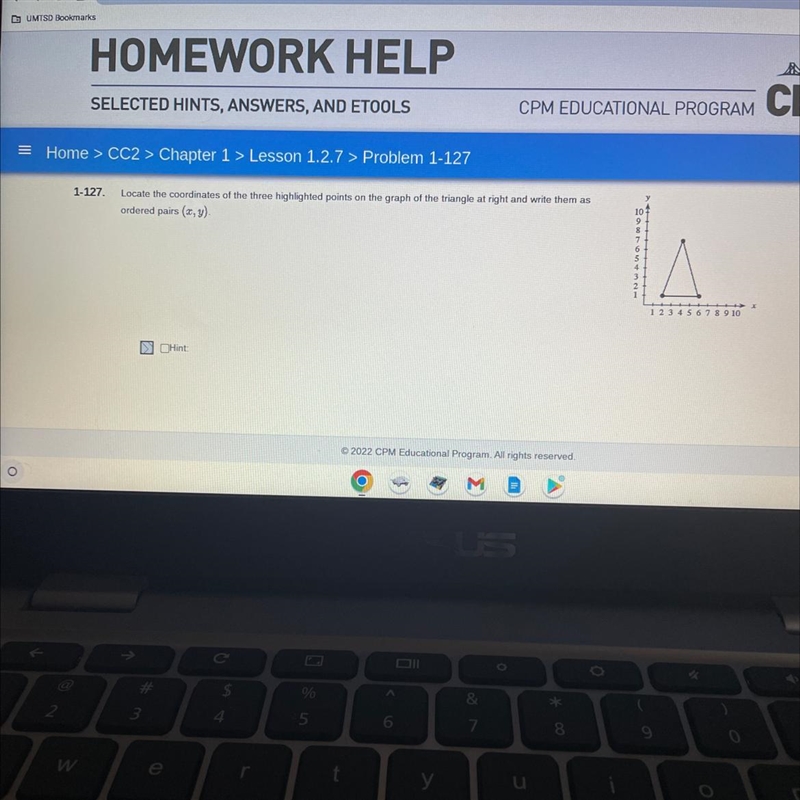 Locate the coordinates of the three highlighted points on the graph of the triangle-example-1