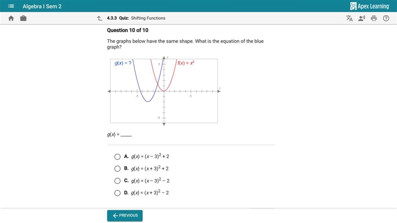 The graphs below have the same shape .What is the equation of the blue graph?-example-1