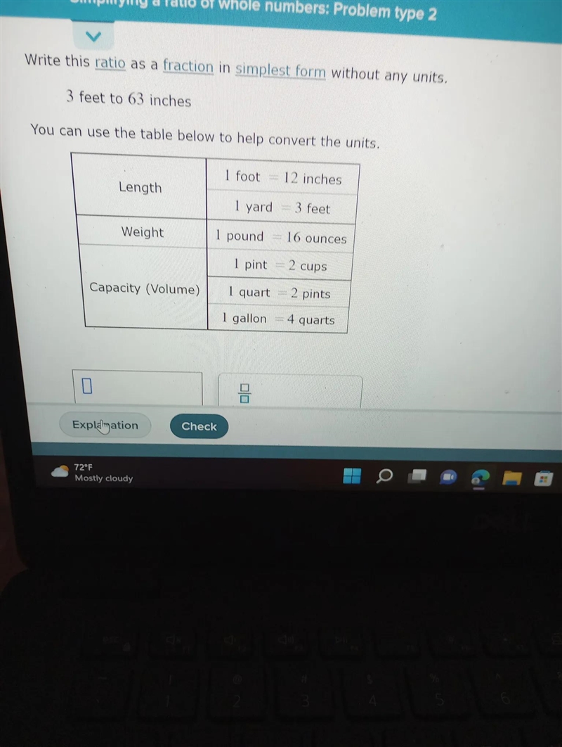 Write this ratio as a fraction in simplest form without any units. 3 feet to 63 inches-example-1