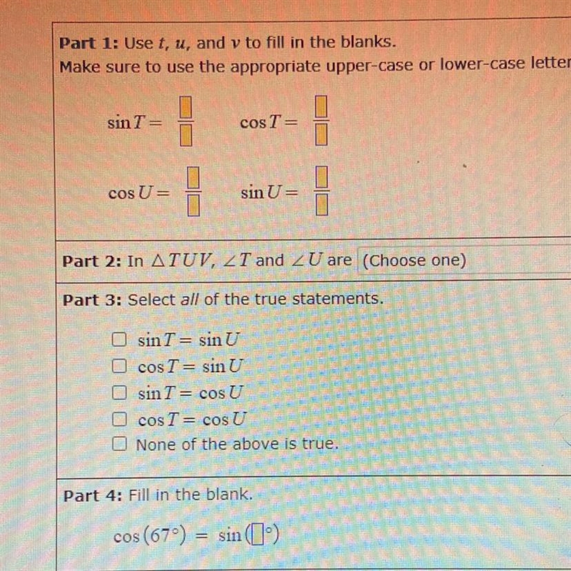 The figure below is a right triangle with side lengths t, u, and v.Suppose that m-example-1