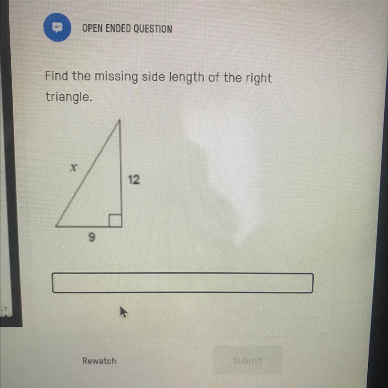 Find the missing side length of the right triangle.-example-1