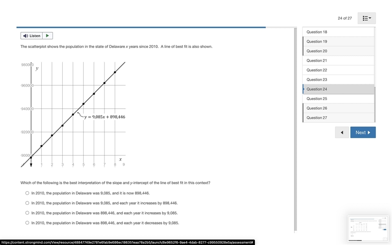 The scatterplot shows the population in the state of Delaware x years since 2010. A-example-1