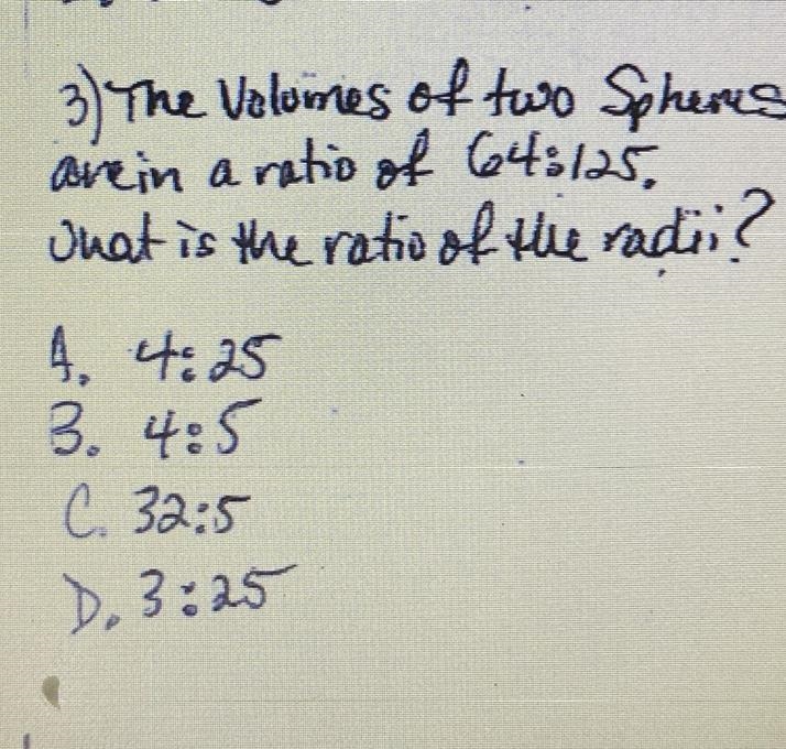 The volumes of two spheres are in a ratio of 64:125.What is the ratio of radii ?-example-1