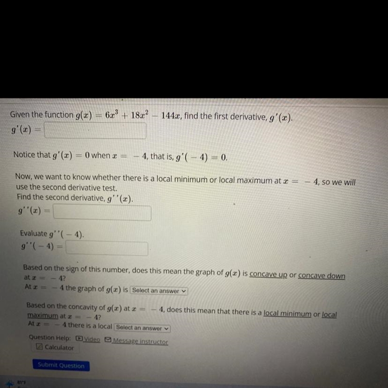 Given the function g(x) = 6x ^ 3 + 18x ^ 2 - 144x , find the first derivative, g^ prime-example-1