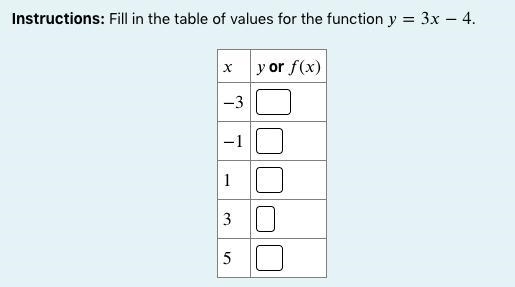 Instructions: Fill in the table of values for the function =3−4.-example-1