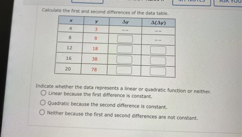 Help me please and thank you Δ(Δy) represents 2nd difference-example-1