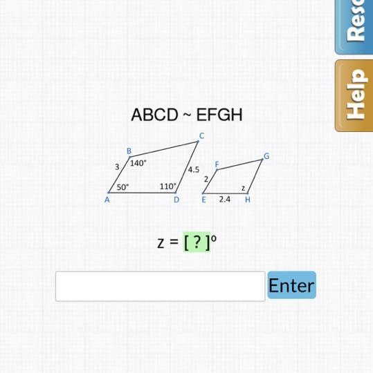 A 3 ABCDEFGH B 50° 140° 110° C 4.5 2, DE LL F z = [?]° 2.4 N H G-example-1