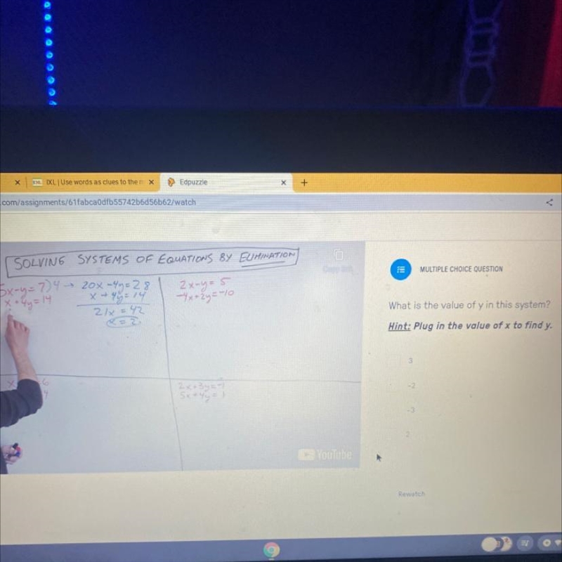 MULTIPLE CHOICE QUESTION SOLVING SYSTEMS OF EQUATIONS BY ELIMINATION 5x=y=7- 20-49:22 + = 14 21 x-example-1