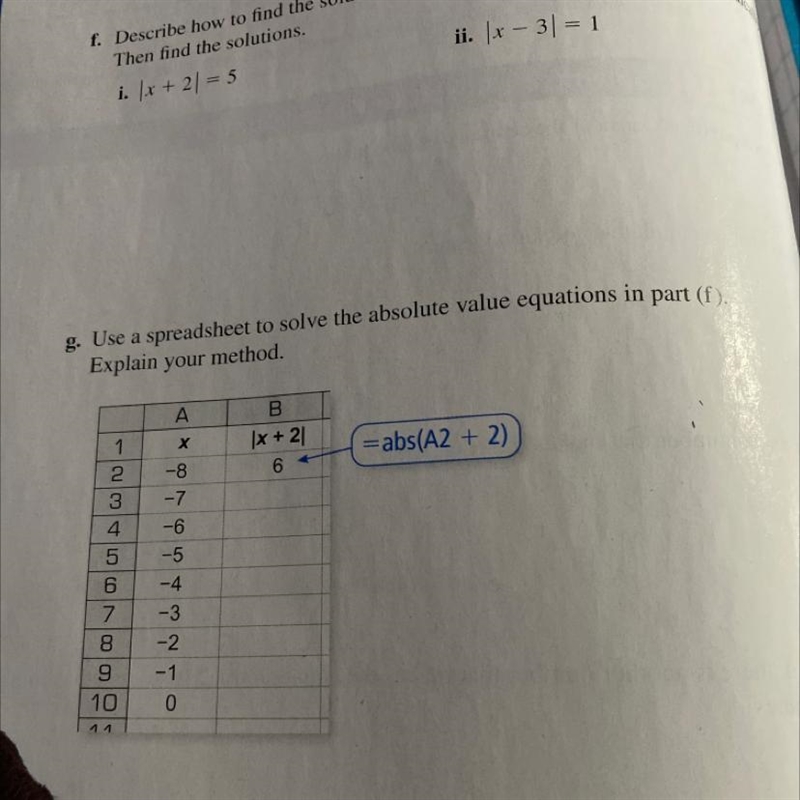 G. Use a spreadsheet to solve the absolute value equations in part (f). Explain your-example-1