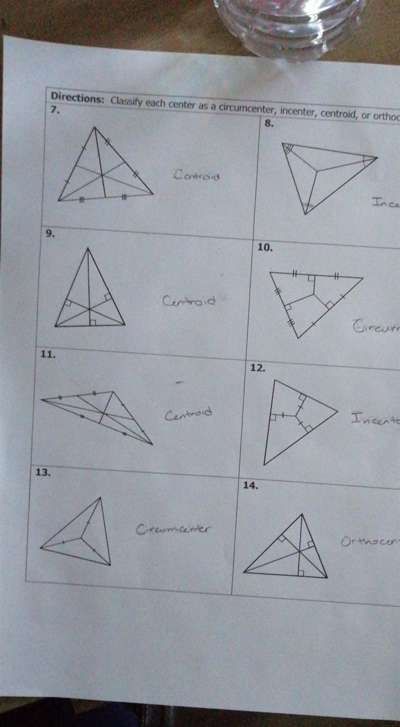 Classify triangles as a Circumcenter, Centroid, Incenter or Orthocenter. Don't mind-example-1