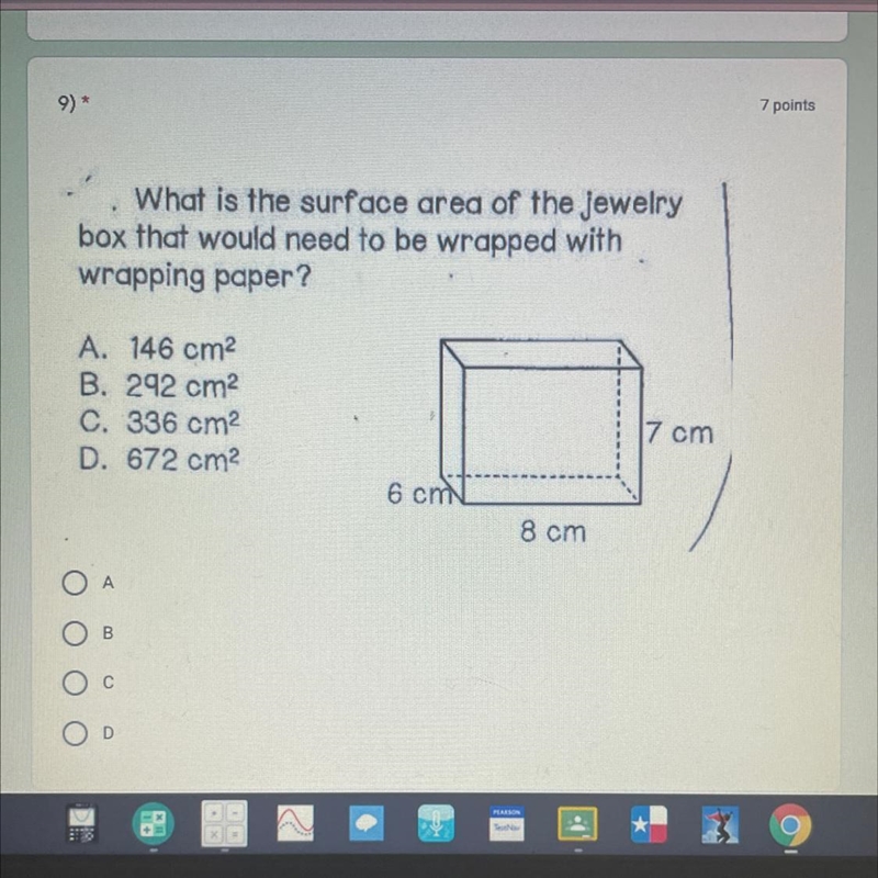 9)7 pointsWhat is the surface area of the jewelrybox that would need to be wrapped-example-1