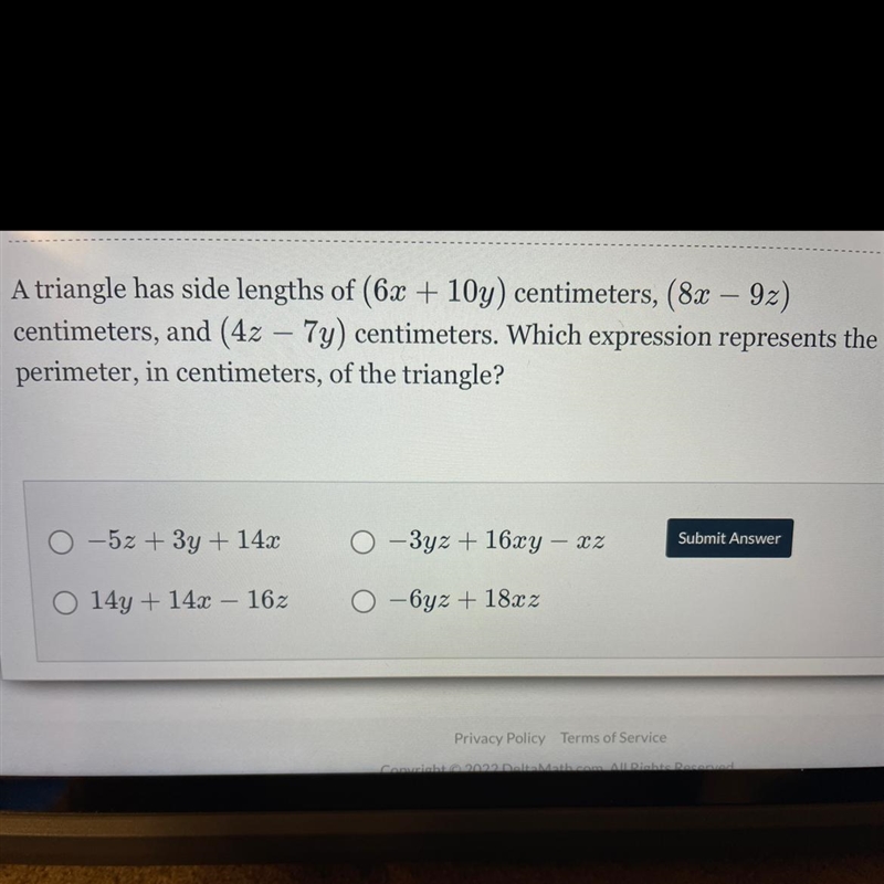 A triangle has side lengths of (6x + 10y) centimeters, (8x - 9z) centimeters, and-example-1