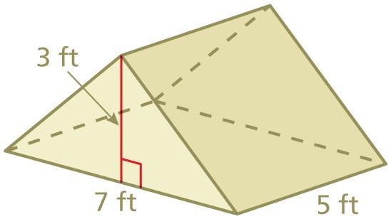 Find the volume of the prism. A triangular prism. The base triangle has a base of-example-1