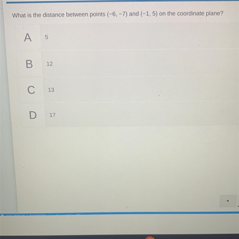 What is the distance between points (-6, -7) and (-1,5) on the coordinate plane?-example-1