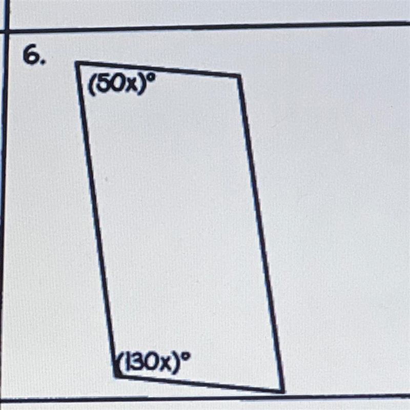 Solve for x. then find the missing piece(s) of the parallelogram for #6.-example-1