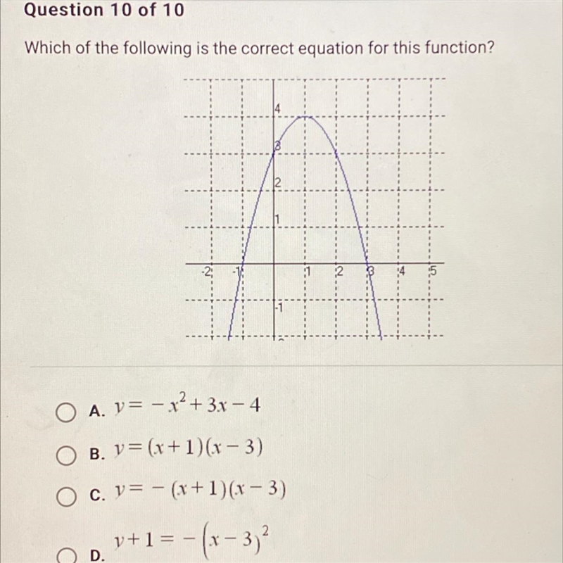 Which of the following is the correct equation for this function? A. Y=-x²+3x - 4 B-example-1