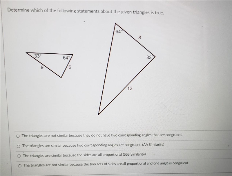 Determine which of the following statements about the given triangles is true.​-example-1