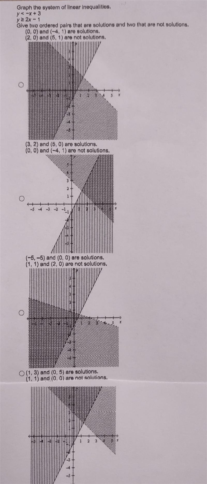 Graph the system of linear inequalities. Give two ordered pairs that are solutions-example-1