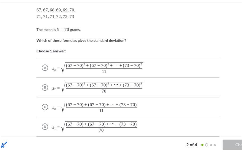 Juana weighed a sample of 121212 jumbo eggs. Here are their weights (in grams):-example-1