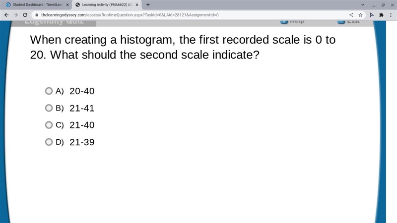 When creating a histogram, the first recorded scale is 0 to 20. What should the second-example-1