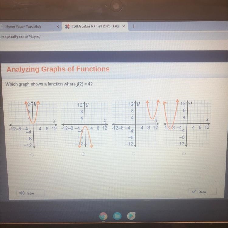 Analyzing Graphs of Functions Which graph shows a function where f(2)= 4? 21 12 12y-example-1