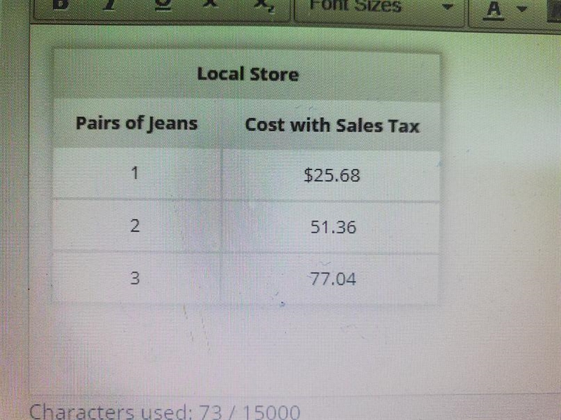 Find the ratio of the number of pair of jeans to the cost with sales tax for each-example-1