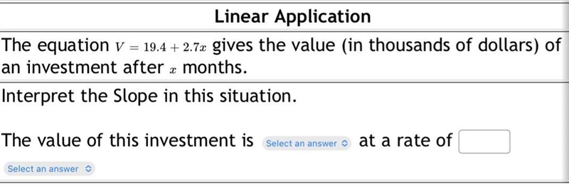 The equation V=19.4+2.7x gives the value (in thousands of dollars) of an investment-example-1