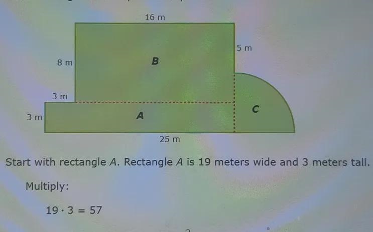 Why the rectangle below is 19 meters wideHow to get that?What is the area of this-example-1