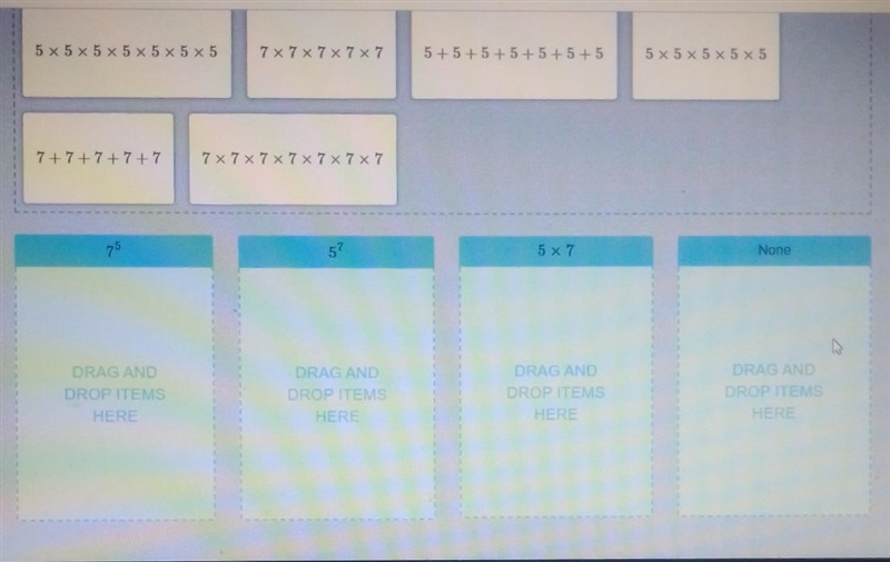 DRAG each expression to show if it is equivalent to 7^5, 5^7, 5x7, or none.-example-1