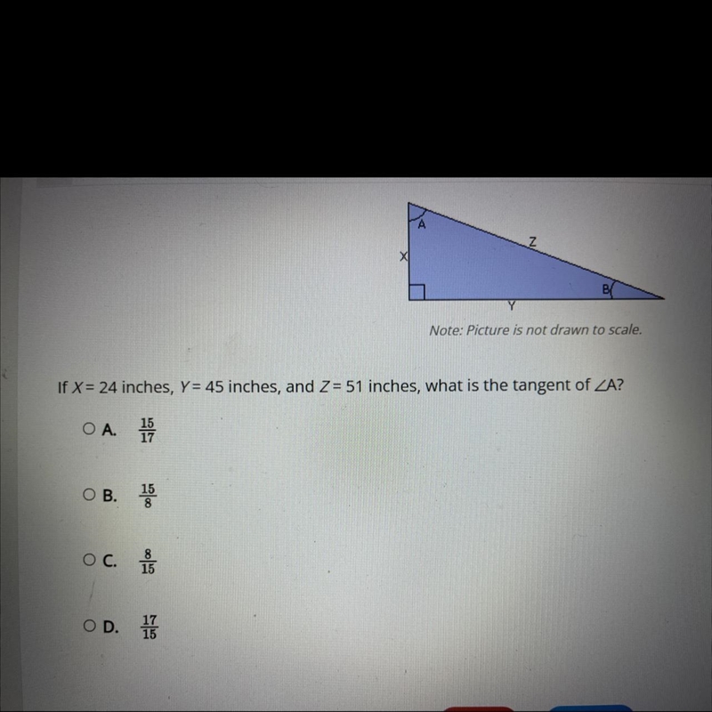 OB. 1OC.If X = 24 inches, Y = 45 inches, and Z= 51 inches, what is the tangent of-example-1