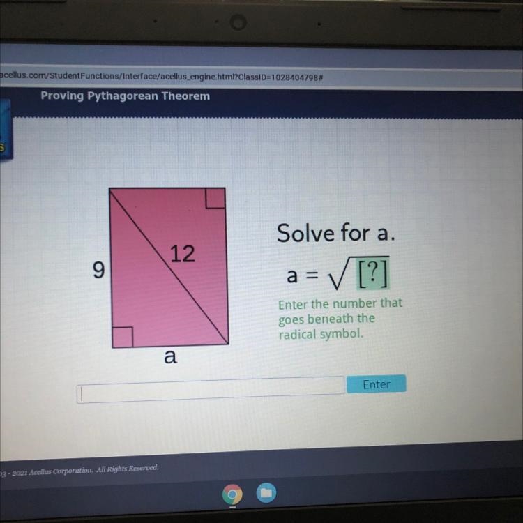 12Solve for a= ✓ [?]9aEnter the number thatgoes beneath theradical symbol.aEnter-example-1