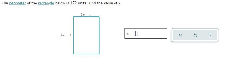 The perimeter of the rectangle below is units. Find the value of .-example-1