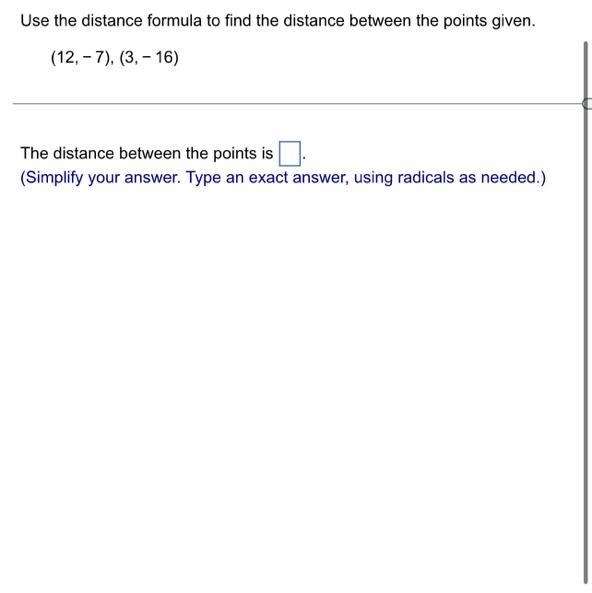 Use the distance formula to find the distance between the points given.-example-1