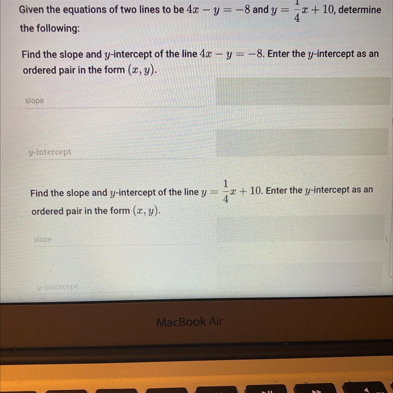 Give the equation for two lines to be 4x-y=-8 and y=1/4x+10(c)Based on your answers-example-1