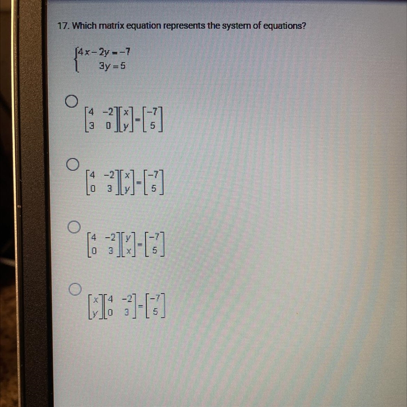 Which matrix equation represents the system of equations-example-1