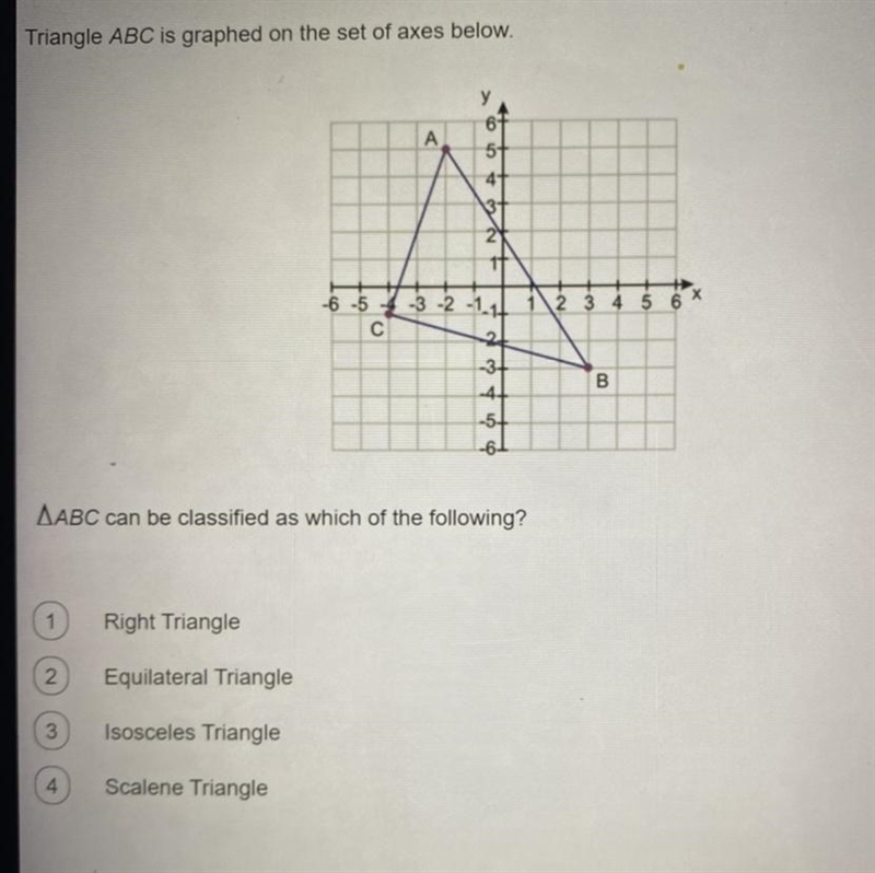 Triangle ABC is graphed on the set of axes below.AABC can be classified as which of-example-1