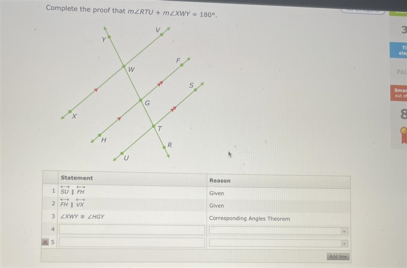 IXL Transversals of parallel lines: prove angle relationships 6QF for geometry, please-example-1